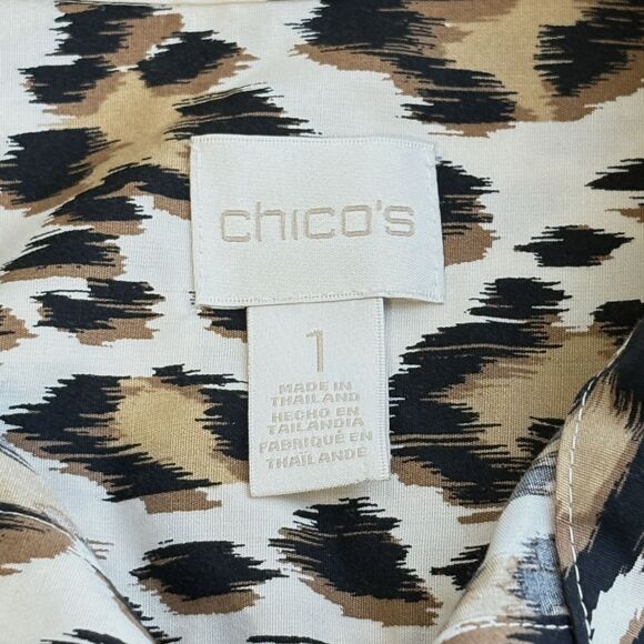 Chicos Sz 1 US 8 Womens No Iron Blouse Leopard Animal Long Sleeve Brown Beige - Picture 4 of 8